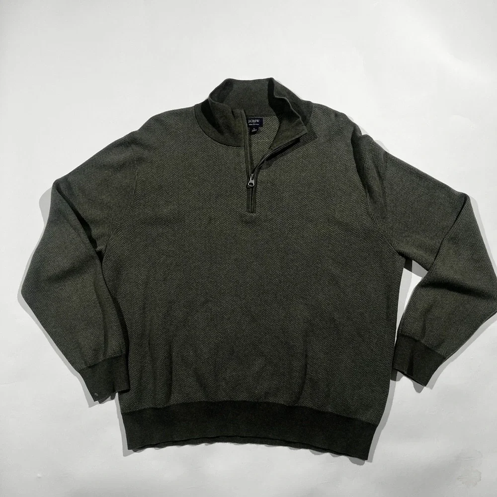 J.Crew Mens Large Green Herringbone 100% Cotton Quarter Zip Pullover Sweater